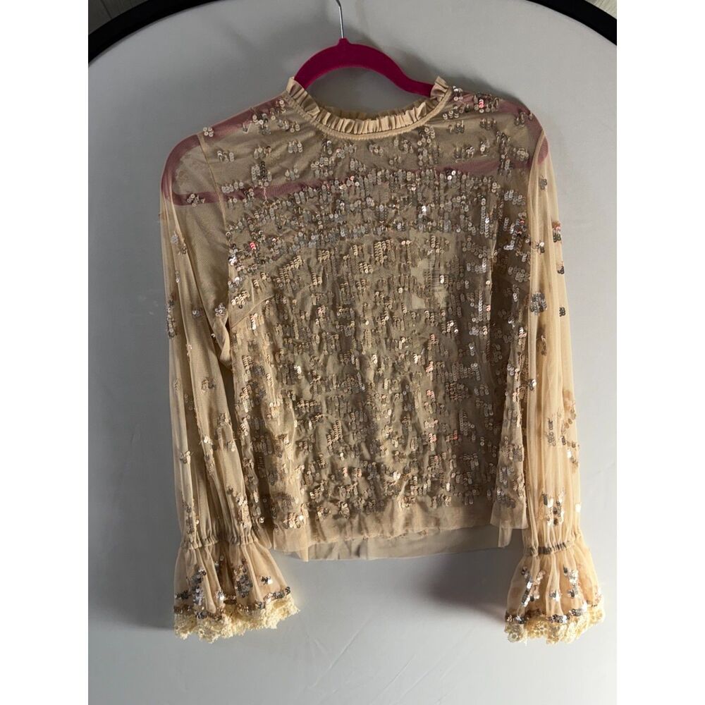 NWT Chelsea & Violet Sequin Mesh Bell Sleeve Blouse Top Medium